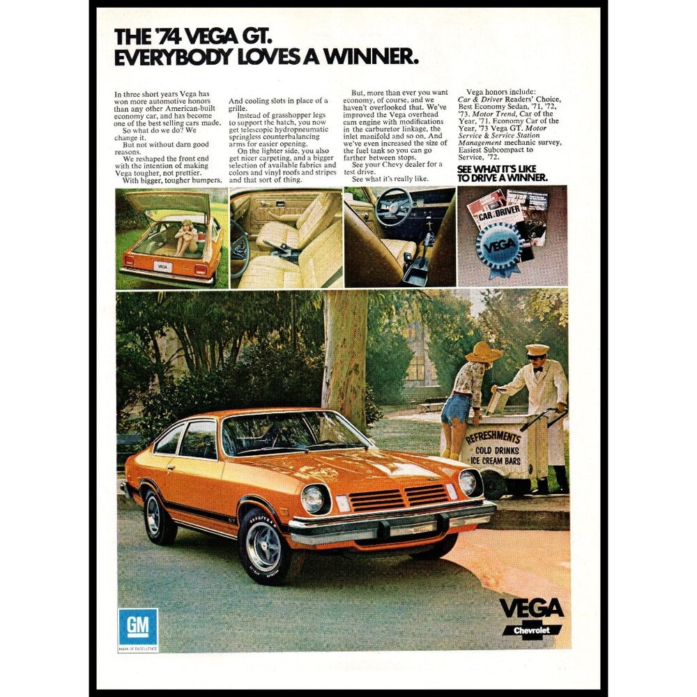 1974 Chevy Vega GT Coupe Vintage Print Ad Summer Ice Cream Cart Jean Shorts Art
